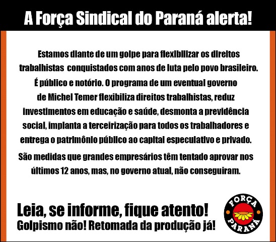 Força  Sindical do Paraná lança nota contra impeachment de Dilma